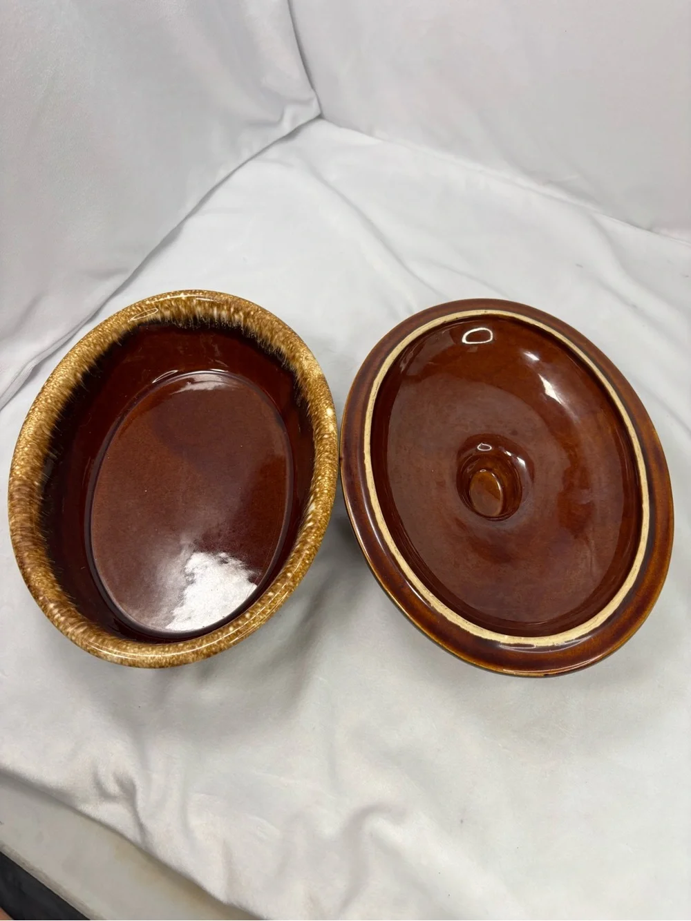 Vintage H.P. Co Oven Proof Covered Casserole Dish USA Brown Drip Glaze Stoneware